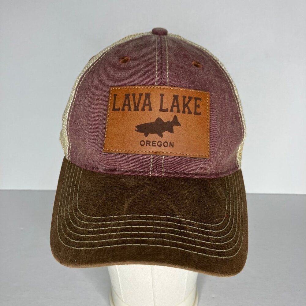 Trucker Hat Lava Lake Oregon Fish Leather Patch Adjustable Mens Burgundy Brown